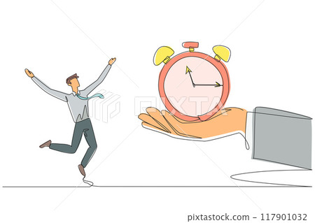 Single one line drawing the businessman was excited to get alarm clock from a giant hand. Most important gift. Work as best as possible. Time will follow. Continuous line design graphic illustration 117901032
