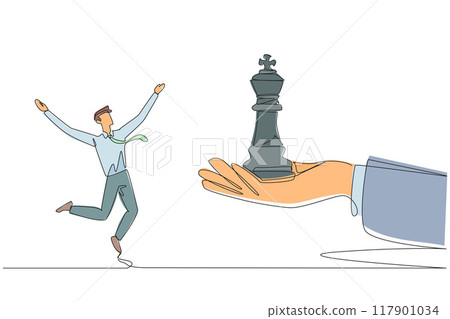 Single continuous line drawing businessman was excited to get king's chess piece from giant hand. Getting support from people is important to continue the business. One line design vector illustration 117901034