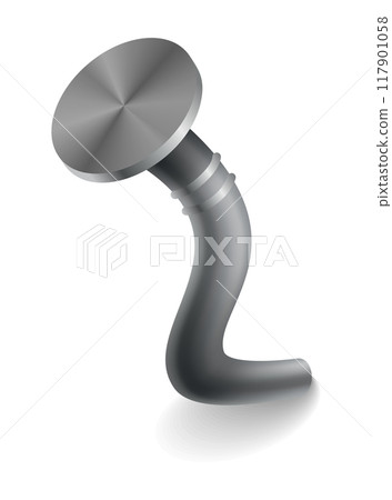 Hammered nail on surface. Iron, steel or silver pin head. Bent metal spike or hobnail with cap in cartoon style. Vector grey hardware for home construction, isolated on white background Hammered nail on surface. Iron, steel or silver pin head. Bent metal spike or hobnail with cap in cartoon style. Vector grey hardware for home construction, isolated on white background 117901058