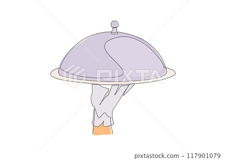 Continuous one line drawing the waiter holds a food tray covered by a tray lid. Service in a restaurant. Keep food clean and hygienic. Standard serving. Single line draw design vector illustration Continuous one line drawing the waiter holds a food tray covered by a tray lid. Service in a restaurant. Keep food clean and hygienic. Standard serving. Single line draw design vector illustration 117901079