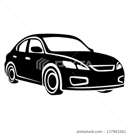 A black and white car vector image, created for multipurpose use. The sleek, minimalistic design makes it adaptable for a wide range of applications, including logos, icons 117901081