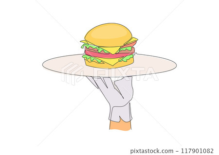 Single one line drawing waiter holding food tray serving burger. Fast food. Like a sandwich. The bread contains pieces of meat, lettuce, tomatoes and onion. Continuous line design graphic illustration Single one line drawing waiter holding food tray serving burger. Fast food. Like a sandwich. The bread contains pieces of meat, lettuce, tomatoes and onion. Continuous line design graphic illustration 117901082