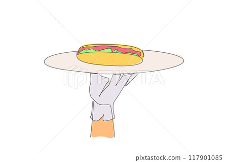 Single continuous line drawing the waiter holds food tray serving hot dog. Dish consisting of a grilled, steamed, or boiled sausage. American fast food. Junk food. One line design vector illustration 117901085