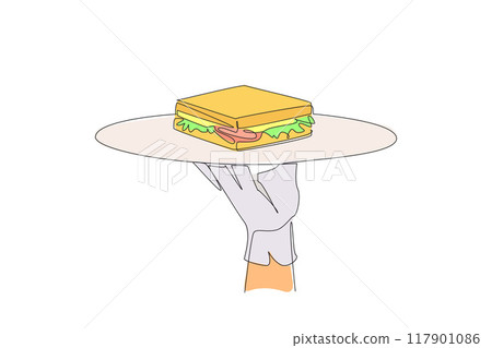 Single continuous line drawing the waiter holds a food tray serving sandwiches. Ease of creation. Family favorite healthy food. Vegetables. Meat. Cheese. Delicious. One line design vector illustration 117901086