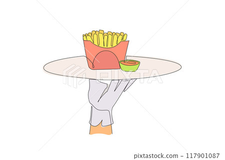 Single one line drawing the waiter holds a food tray serving french fries. A dish made from shredded potatoes. Snack. Complementary food to the main menu. Continuous line design graphic illustration 117901087