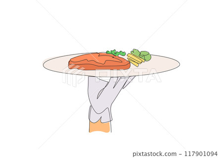 Single one line drawing waiter holding food tray serving steak. Tenderloin. Sirloin. Rib eye. Wagyu. Has a level of maturity; rare, medium, well done. Continuous line design graphic illustration Single one line drawing waiter holding food tray serving steak. Tenderloin. Sirloin. Rib eye. Wagyu. Has a level of maturity; rare, medium, well done. Continuous line design graphic illustration 117901094