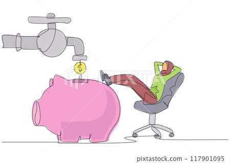 Single continuous line drawing Arab businesswoman sit relax on chair to see money faucet flow into savings piggy bank. Make lot of money. Amazing profits. Success. One line design vector illustration Single continuous line drawing Arab businesswoman sit relax on chair to see money faucet flow into savings piggy bank. Make lot of money. Amazing profits. Success. One line design vector illustration 117901095