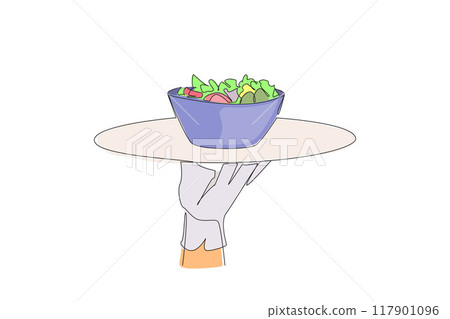 Single continuous line drawing the waiter holds a food tray serving salad. Greek salad. Fresh fruit slices. Served on a bowl. Served cold is more delicious. Tasty. One line design vector illustration Single continuous line drawing the waiter holds a food tray serving salad. Greek salad. Fresh fruit slices. Served on a bowl. Served cold is more delicious. Tasty. One line design vector illustration 117901096