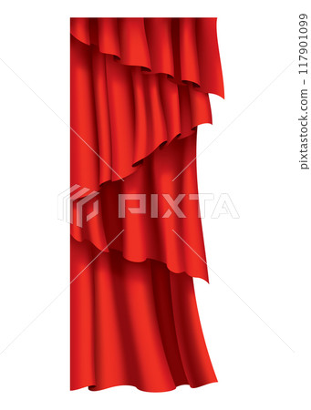 Red curtains realistic. Theater fabric silk decoration for movie cinema or opera hall. Curtains and draperies interior decoration object. Isolated on transparent for theater stage 117901099