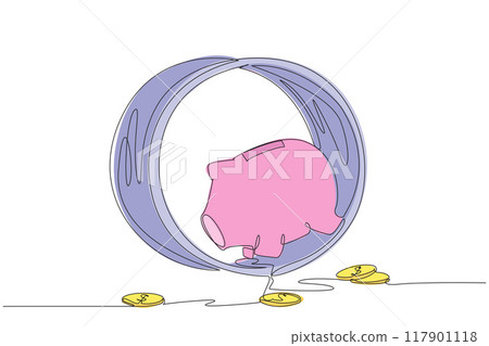 Single continuous line drawing piggy bank runs on the running wheel. The coins are scattered. Repetitive routine. Spending a lot of money. No calculations. Debt. One line design vector illustration Single continuous line drawing piggy bank runs on the running wheel. The coins are scattered. Repetitive routine. Spending a lot of money. No calculations. Debt. One line design vector illustration 117901118
