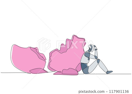 Single one line drawing a robot sit slump next to a large, destroyed big piggy bank. Artificial intelligence is in danger of failing. Bankrupt. Future tech. Continuous line design graphic illustration 117901136