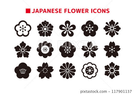 Traditional Japanese flower icon set, set of illustrations of black family crest style floral patterns 117901137