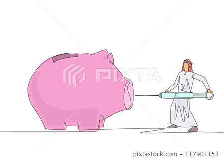 Single one line drawing Arab businessman holding big syringe and want to inject it into big piggy bank. Additional capital. Trigger enthusiasm for business. Continuous line design graphic illustration Single one line drawing Arab businessman holding big syringe and want to inject it into big piggy bank. Additional capital. Trigger enthusiasm for business. Continuous line design graphic illustration 117901151