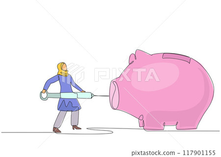 Continuous one line drawing Arab businesswoman holding big syringe and wants to inject it into a big piggy bank. Stimulus. Business enthusiasm. Additional. Single line draw design vector illustration Continuous one line drawing Arab businesswoman holding big syringe and wants to inject it into a big piggy bank. Stimulus. Business enthusiasm. Additional. Single line draw design vector illustration 117901155