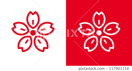 Simple Japanese-style cherry blossom petal line icon _ Family crest style _ Red and white 117901158