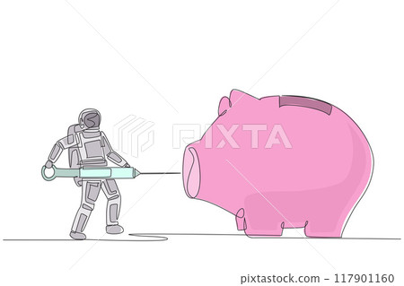 Single one line drawing astronaut holding big syringe and inject into a big piggy bank. Significant capital addition. Sustainability of space expeditions. Continuous line design graphic illustration 117901160