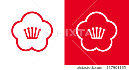 Simple Japanese-style camellia line icon _ Family crest style _ Red and white 117901165