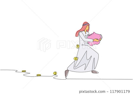 Single continuous line drawing Arabian businessman running while carrying a piggy bank with coins scattered around. Running to save profits. Can't suffer losses. One line design vector illustration 117901179