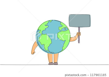 Single continuous line drawing globe holds a small board. Invitation from the earth. Protect the beauty of the earth. Maintain natural beauty. Eliminate pollution. One line design vector illustration Single continuous line drawing globe holds a small board. Invitation from the earth. Protect the beauty of the earth. Maintain natural beauty. Eliminate pollution. One line design vector illustration 117901185