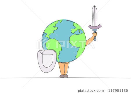 Continuous one line drawing globe holds a shield and sword. Guardian of the earth. Always ready to be relied on. Guardian of the cleanliness of the earth. Single line draw design vector illustration 117901186