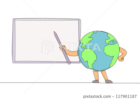 Single one line drawing globe holds a stick while pointing towards the blackboard. Explain the announcement of protecting the earth from the white board. Continuous line design graphic illustration Single one line drawing globe holds a stick while pointing towards the blackboard. Explain the announcement of protecting the earth from the white board. Continuous line design graphic illustration 117901187