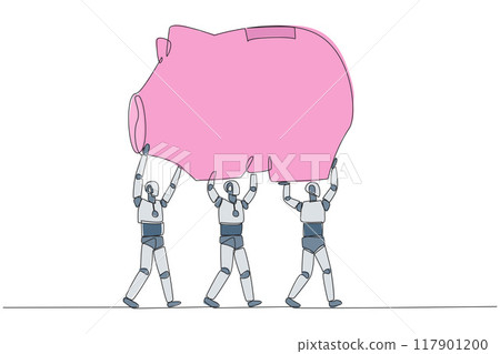 Single continuous line drawing group of robots work together carrying a piggy bank. Reminding the importance of investment. Not wasteful. Future technology concept. One line design vector illustration Single continuous line drawing group of robots work together carrying a piggy bank. Reminding the importance of investment. Not wasteful. Future technology concept. One line design vector illustration 117901200