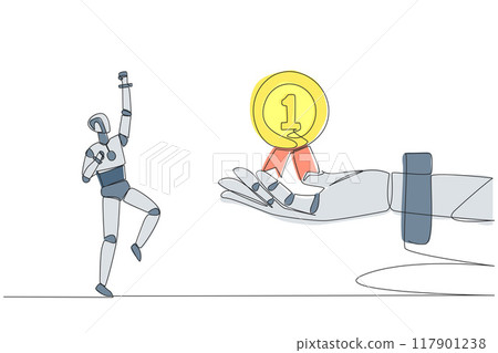 Continuous one line drawing a smart robot was happy to get medal award from giant hand. Win the competition. Interesting achievement. Future technology. Single line draw design vector illustration Continuous one line drawing a smart robot was happy to get medal award from giant hand. Win the competition. Interesting achievement. Future technology. Single line draw design vector illustration 117901238
