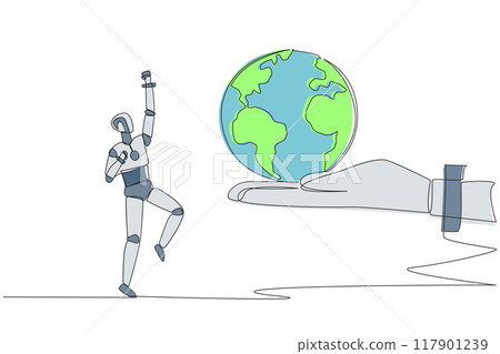 Single continuous line drawing a smart robot is excited to get the globe from giant hand. Disseminating the latest technology. The whole world. Future technology. One line design vector illustration Single continuous line drawing a smart robot is excited to get the globe from giant hand. Disseminating the latest technology. The whole world. Future technology. One line design vector illustration 117901239