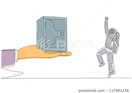 Single one line drawing astronaut was excited to get a safe deposit box from a giant hand. Store astronaut equipment in the safest place. Locked tight. Continuous line design graphic illustration 117901256