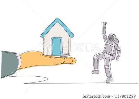 Continuous one line drawing the astronaut excited to get a miniature house from giant hand. The astronaut arrives back home. Rest. Cosmonaut outer space. Single line draw design vector illustration Continuous one line drawing the astronaut excited to get a miniature house from giant hand. The astronaut arrives back home. Rest. Cosmonaut outer space. Single line draw design vector illustration 117901257