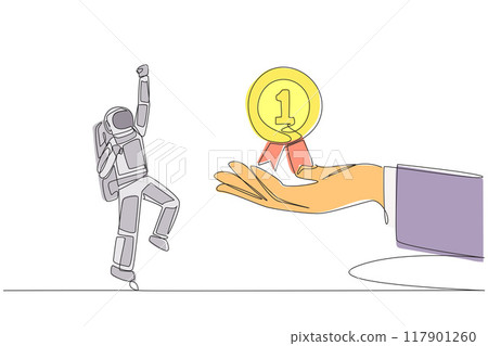 Single one line drawing astronaut was happy to get medal award from giant hand. Achievement. Confession. Successfully complete a space mission. Cosmonaut. Continuous line design graphic illustration 117901260