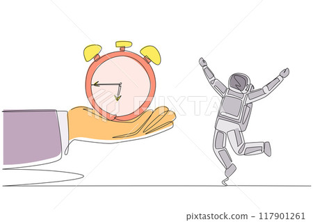 Single one line drawing astronaut excited to get alarm clock from the giant hand. Antique and classic clock shape. Loud alarm sound. Reminder. Cosmonaut. Continuous line design graphic illustration Single one line drawing astronaut excited to get alarm clock from the giant hand. Antique and classic clock shape. Loud alarm sound. Reminder. Cosmonaut. Continuous line design graphic illustration 117901261