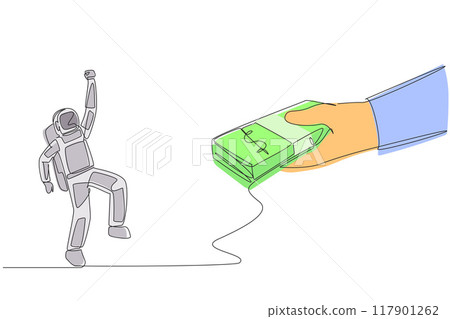 Single continuous line drawing astronaut excited to get a stack of banknotes from giant hand. Receive fair payment. Capital for the next space expedition. Spaceman. One line design vector illustration Single continuous line drawing astronaut excited to get a stack of banknotes from giant hand. Receive fair payment. Capital for the next space expedition. Spaceman. One line design vector illustration 117901262