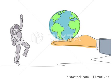 Single one line drawing astronaut excited to get the globe from giant hand. The space expedition is complete. Return to earth with joy. Spaceman deep space. Continuous line design graphic illustration 117901263