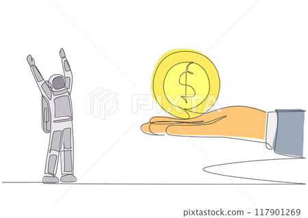 Continuous one line drawing astronaut excited to get dollar symbol coin from a giant hand. Gold money. Cash. Space mission success. Cosmonaut outer space. Single line draw design vector illustration Continuous one line drawing astronaut excited to get dollar symbol coin from a giant hand. Gold money. Cash. Space mission success. Cosmonaut outer space. Single line draw design vector illustration 117901269