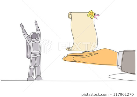 Single one line drawing astronaut was excited to get roll of stamped paper from giant hand. Vintage. Discovery of important records of space expeditions. Continuous line design graphic illustration Single one line drawing astronaut was excited to get roll of stamped paper from giant hand. Vintage. Discovery of important records of space expeditions. Continuous line design graphic illustration 117901270