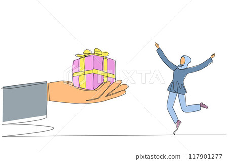 Single one line drawing young Arabian businesswoman excited to get the gift box from the giant hand. Happy surprise. Received many awards. Appropriateness. Continuous line design graphic illustration Single one line drawing young Arabian businesswoman excited to get the gift box from the giant hand. Happy surprise. Received many awards. Appropriateness. Continuous line design graphic illustration 117901277