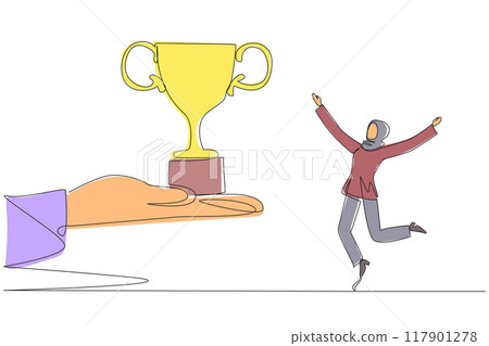Continuous one line drawing Arabian businesswoman happy to get the trophy from the giant hand. Winner of business competition. Appreciation from everywhere. Single line draw design vector illustration Continuous one line drawing Arabian businesswoman happy to get the trophy from the giant hand. Winner of business competition. Appreciation from everywhere. Single line draw design vector illustration 117901278