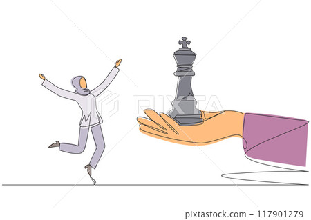 Single continuous line drawing young Arabian businesswoman excited to get king's chess piece from giant hand. Get full support from the board of directors. Success. One line design vector illustration 117901279