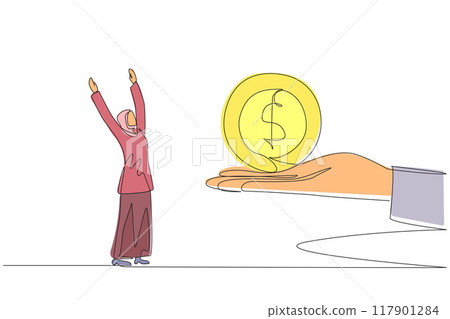 Continuous one line drawing Arabian businesswoman is excited to get dollar symbol coin from a giant hand. Good news. Always make a profit. Good team work. Single line draw design vector illustration Continuous one line drawing Arabian businesswoman is excited to get dollar symbol coin from a giant hand. Good news. Always make a profit. Good team work. Single line draw design vector illustration 117901284