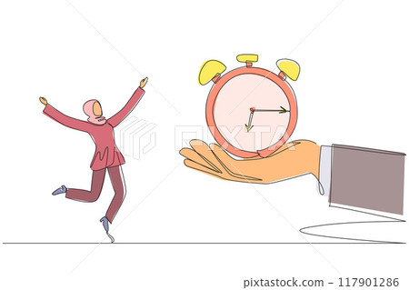 Single one line drawing young Arabian businesswoman excited to get alarm clock from the giant hand. Reminder. Set time to complete deadlines. Success. Continuous line design graphic illustration 117901286