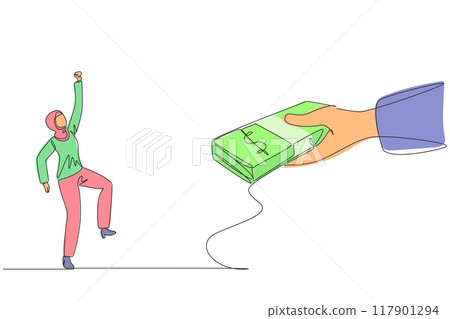 Single continuous line drawing Arabian businesswoman excited to get a stack of banknotes from giant hand. Symbol of success. Lots of bonuses. Money is plentiful. One line design vector illustration 117901294