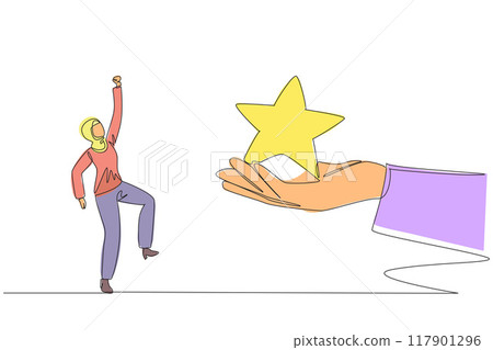 Single one line drawing Arabian businesswoman happy to get a star from the giant hand. Star award. Be the best. The best rating. Motivation to be better. Continuous line design graphic illustration 117901296