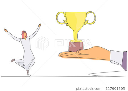 Single one line drawing young Arabian businessman happy to get the trophy from the giant hand. Received a prestigious award. Pride. Expand company. Success. Continuous line design graphic illustration 117901305