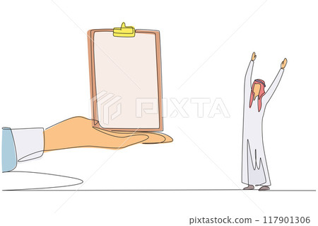 Single continuous line drawing Arabian businessman was excited to get the clipboard from the giant hand. Ease of access. Ease of facilities. Facilitate the work. One line design vector illustration 117901306