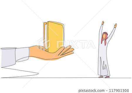 Single continuous line drawing Arabian businessman was excited to get a wallet from the giant hand. Profitable prizes. Get a treat. Didn't spend any money at all. One line design vector illustration Single continuous line drawing Arabian businessman was excited to get a wallet from the giant hand. Profitable prizes. Get a treat. Didn't spend any money at all. One line design vector illustration 117901308