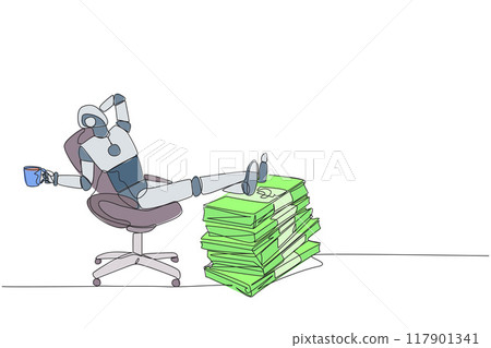 Continuous one line drawing robot sitting on a work chair holding mug. Foot resting on stacks of banknotes. The most successful and richest robot. Future. Single line draw design vector illustration Continuous one line drawing robot sitting on a work chair holding mug. Foot resting on stacks of banknotes. The most successful and richest robot. Future. Single line draw design vector illustration 117901341