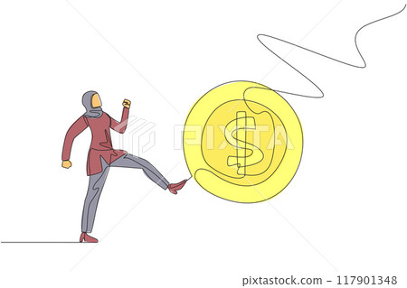 Continuous one line drawing angry Arabian businesswoman kicking a coin with a dollar symbol. Haughty. Arrogant. Don't need anyone's help in doing business. Single line draw design vector illustration 117901348
