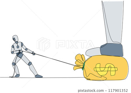 Continuous one line drawing robot tries to take money bag stepped on by giant foot with the rope. Warrior robot. Programmed to always do good. Future tech. Single line draw design vector illustration 117901352