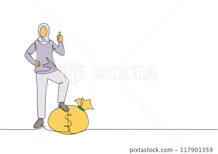 Single continuous line drawing Arabian businesswoman stands with thumbs up pose and steps on money bag with one of her foot. Success is sometimes worth announcing. One line design vector illustration 117901359